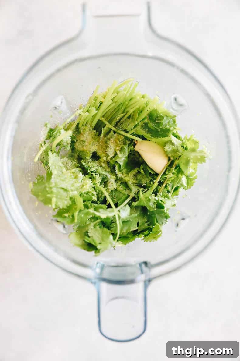 Vibrant Cilantro Lime Dressing 3 Ingredients for homemade Cilantro Lime Dressing neatly arranged in a blender, ready for mixing.