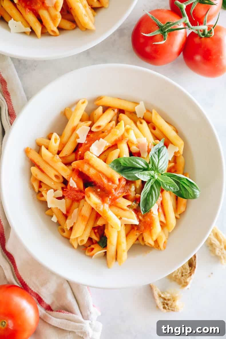 Slow Simmered Tomato Sauce 2 Home made tomato sauce on penne pasta in a white shallow bowl, garnished with fresh basil.