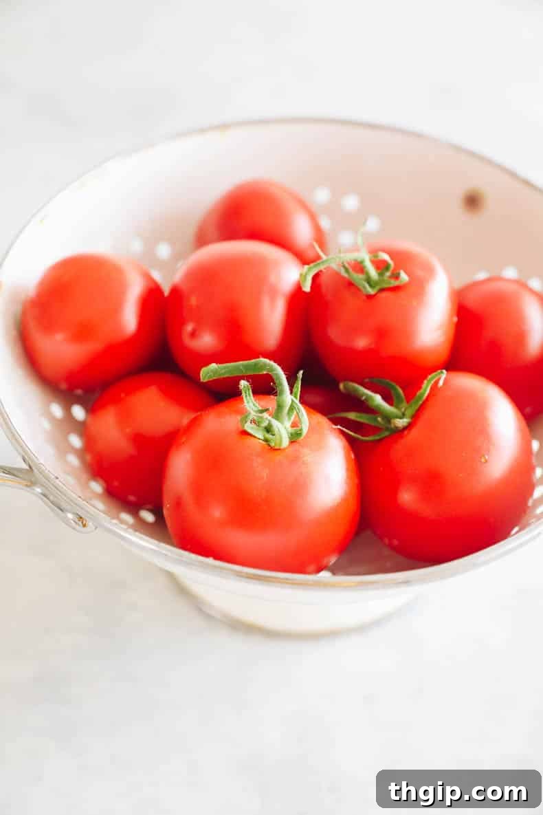 Slow Simmered Tomato Sauce 3 A white colander filled with an assortment of fresh, vine-ripened tomatoes, highlighting their vibrant colors and readiness for sauce making.
