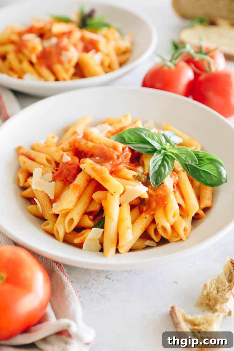 Slow Simmered Tomato Sauce 7 A close-up of a white shallow bowl filled with penne pasta, generously topped with homemade tomato sauce, grated parmesan cheese, and fresh basil leaves.