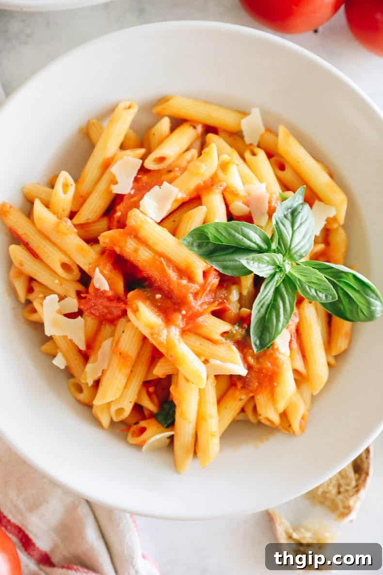 Slow Simmered Tomato Sauce 9 A large, rustic bowl of penne pasta, generously topped with homemade tomato sauce, a sprinkling of Parmesan cheese, and fresh basil leaves as garnish.