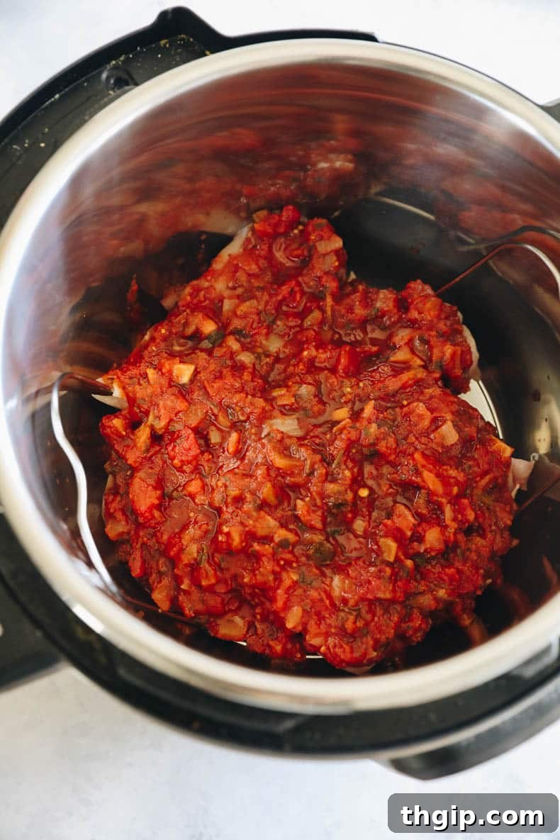 Spicy Instant Pot Chicken Fiesta 3 Chicken and salsa perfectly arranged in the Instant Pot, ready for cooking.