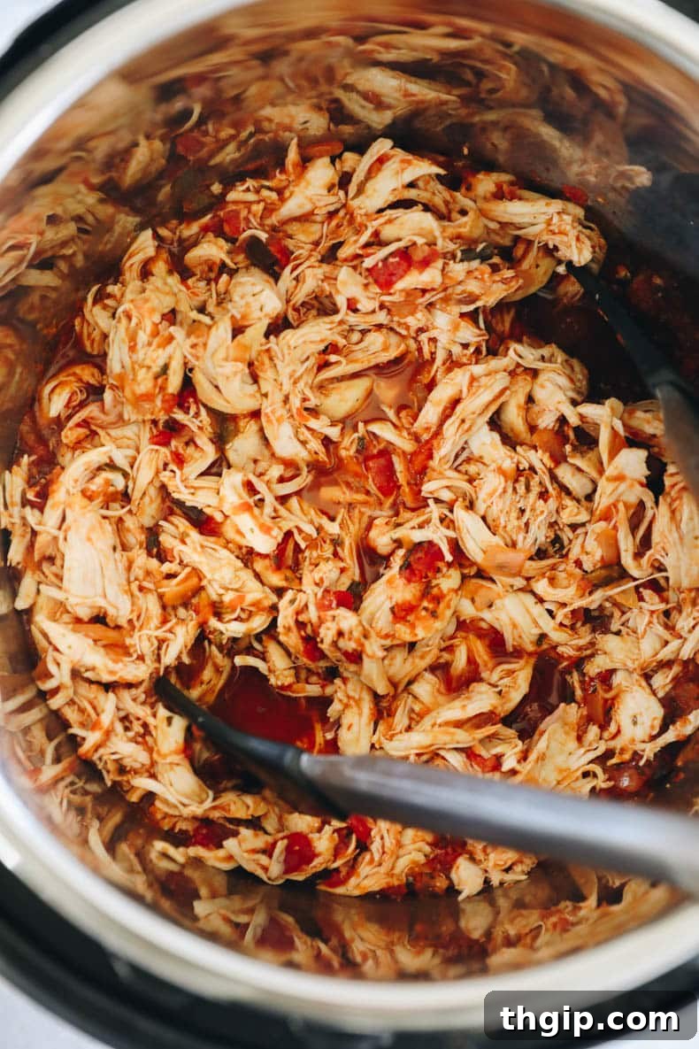Spicy Instant Pot Chicken Fiesta 5 Delectable salsa chicken mixed with its rich sauce, served straight from the Instant Pot.