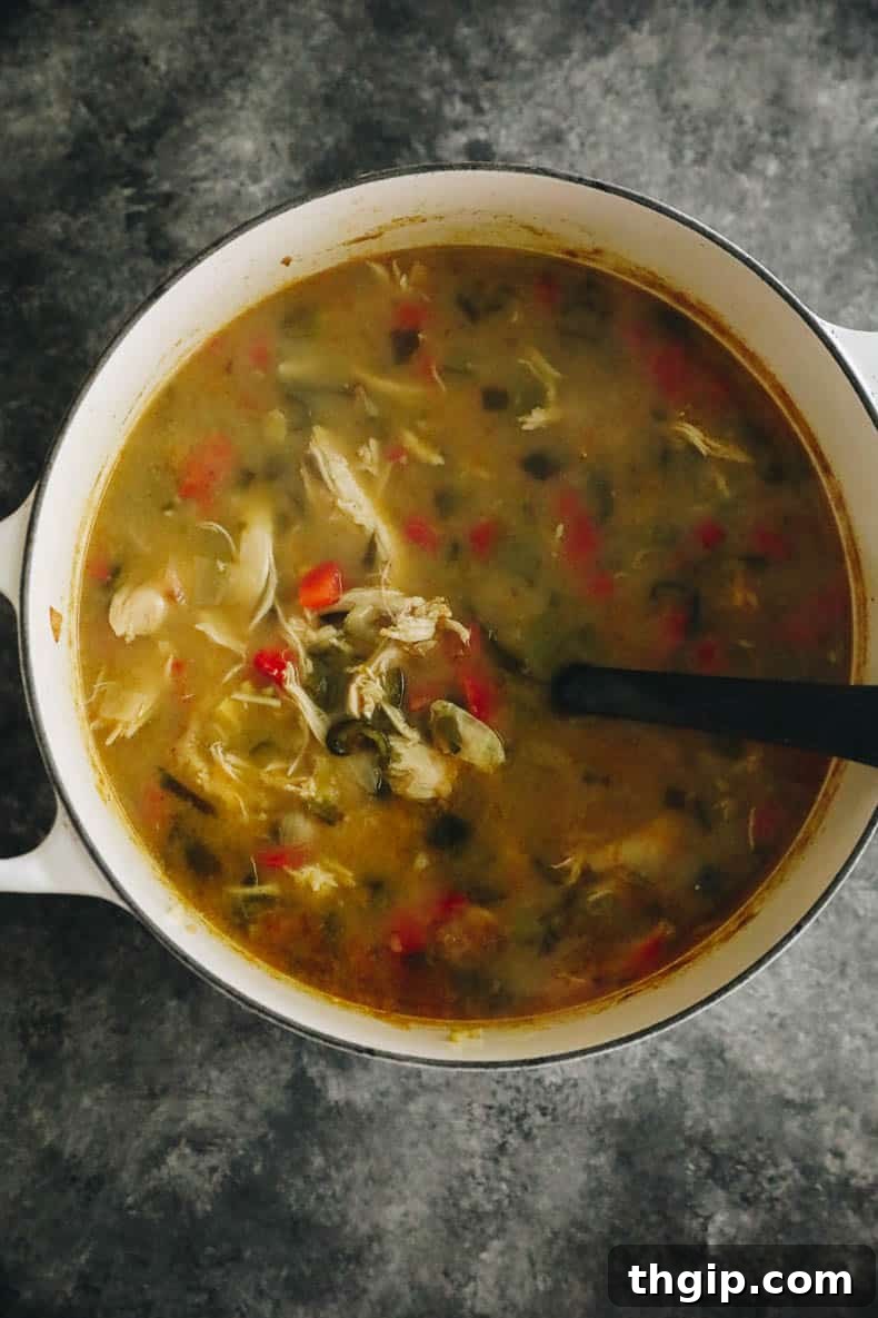 A large Dutch oven filled with bubbling chicken poblano soup, ready to be served.