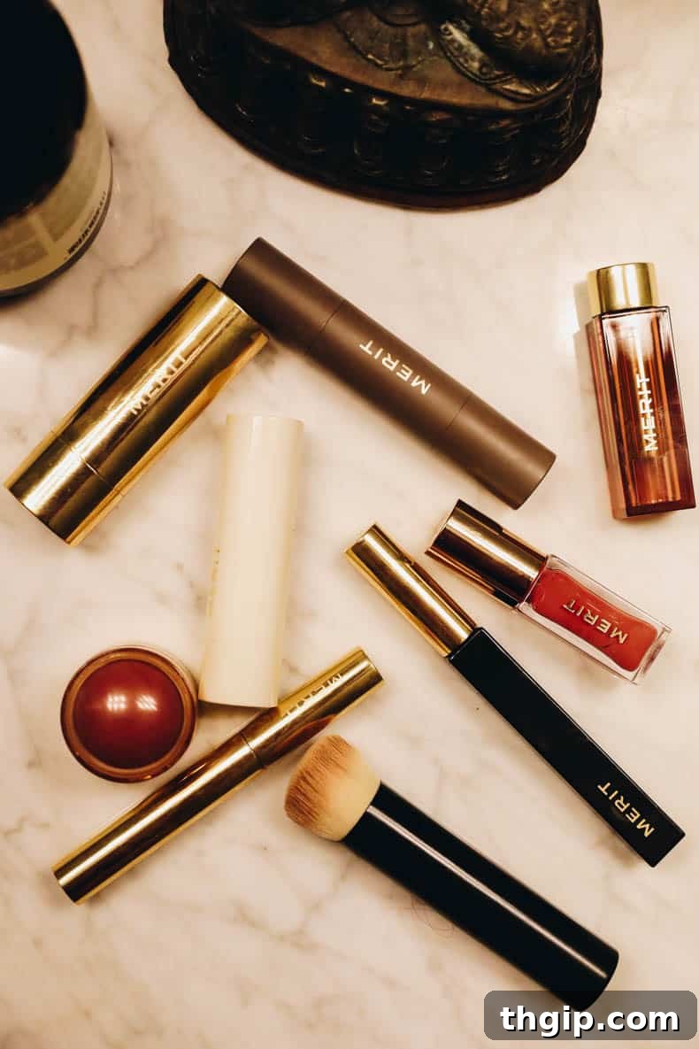 MERIT Beauty: My Unfiltered Review 2 Collection of Merit Beauty minimalist makeup products displayed neatly on a countertop