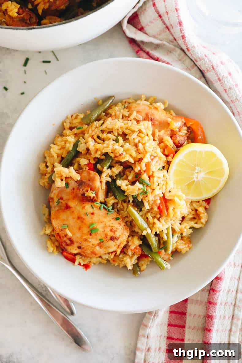 Effortless Skillet Chicken and Rice 9 overhead of one pot chicken and rice recipe