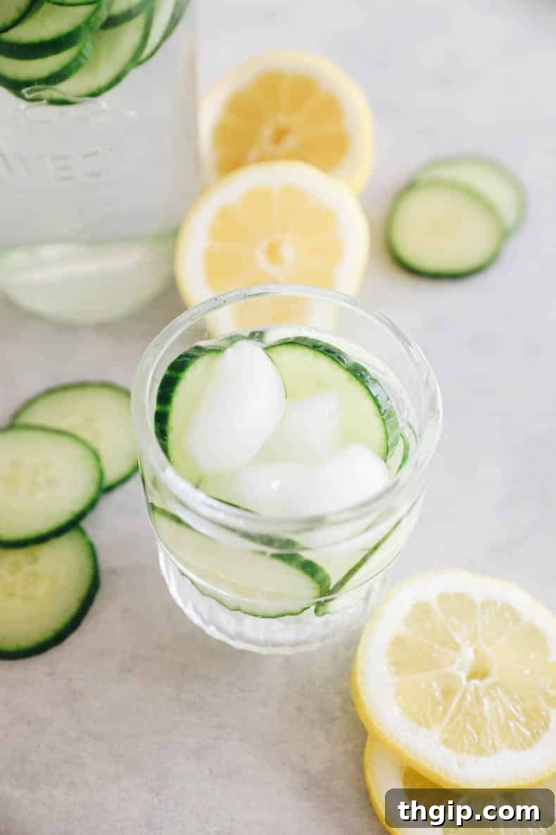 Freshly prepared cucumber water in a small, clear glass, garnished with a cucumber slice, emphasizing natural hydration.