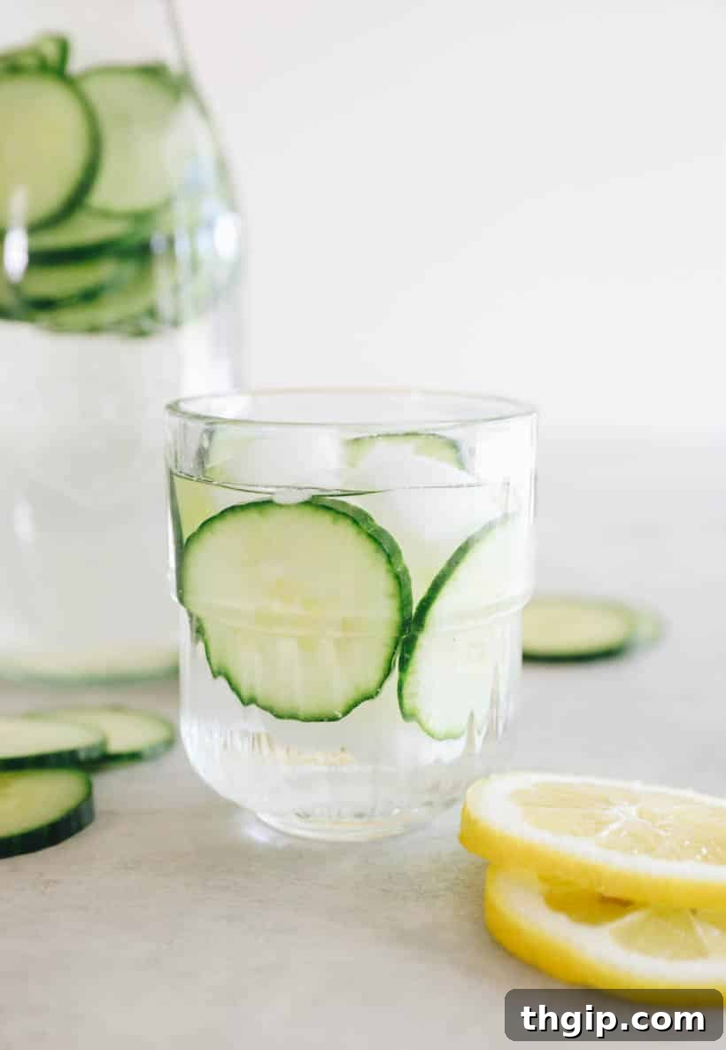 A refreshing glass of cucumber water with ice and slices, ready to drink, promoting wellness.