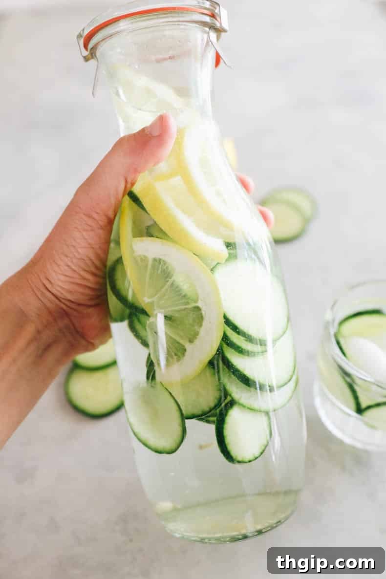 A large pitcher of beautifully infused spa water, featuring cucumber and lemon slices, ready to serve.