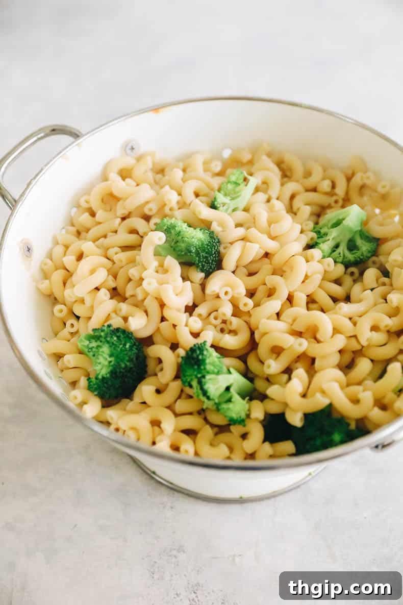 Wholesome Mac & Cheese 3 Perfectly cooked and strained elbow pasta and vibrant green broccoli florets, ready for the cheese sauce.