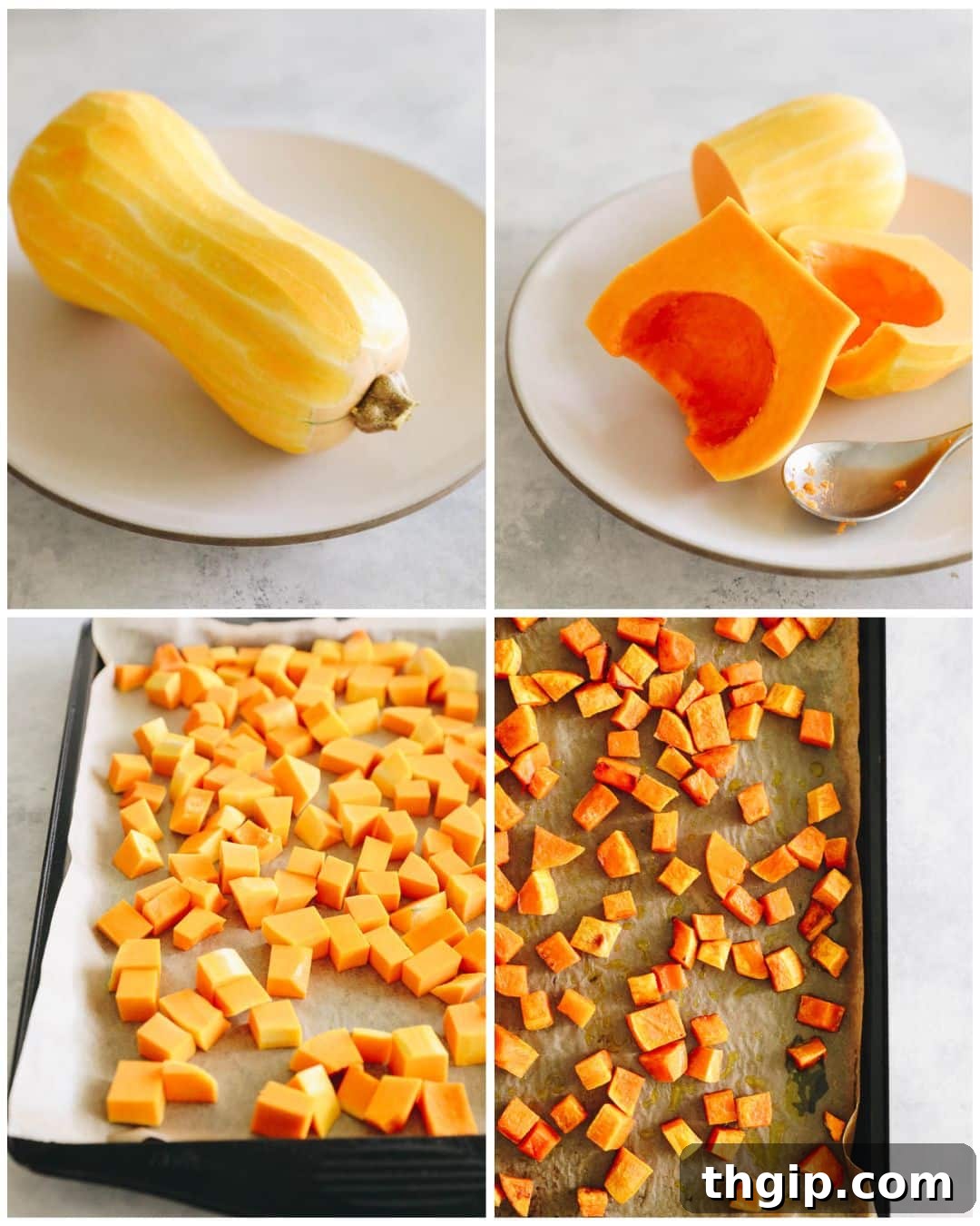 Autumn Squash Harvest Bowl 3 Step-by-step collage demonstrating how to peel, slice, and cube butternut squash for roasting.
