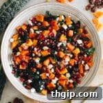 Fall butternut squash salad presented over a bed of fresh kale, adorned with feta cheese, bright pomegranate seeds, and a delicious apple cider vinegar dressing.