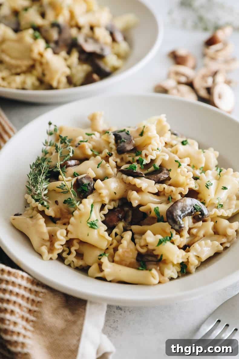 A beautiful bowl of vegan mushroom stroganoff, garnished with fresh parsley and thyme, ready to be served.