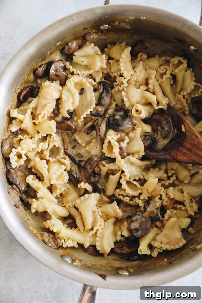 Rich and creamy vegan mushroom stroganoff with noodles, mixed together in a large skillet, ready to be served.