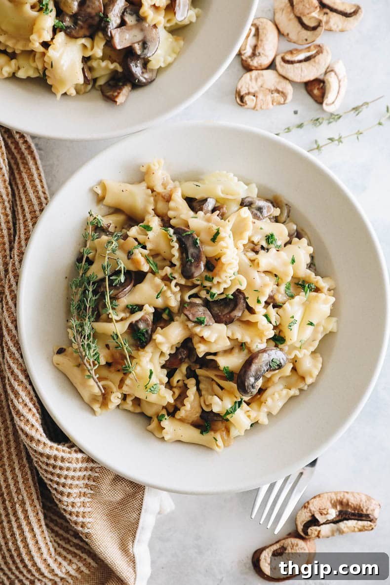 Overhead shot of a bowl of vegan mushroom stroganoff, beautifully plated with creamy sauce, fresh parsley, and thyme sprigs.