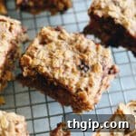 oatmeal breakfast bars on a wire rack with chocolate chips.