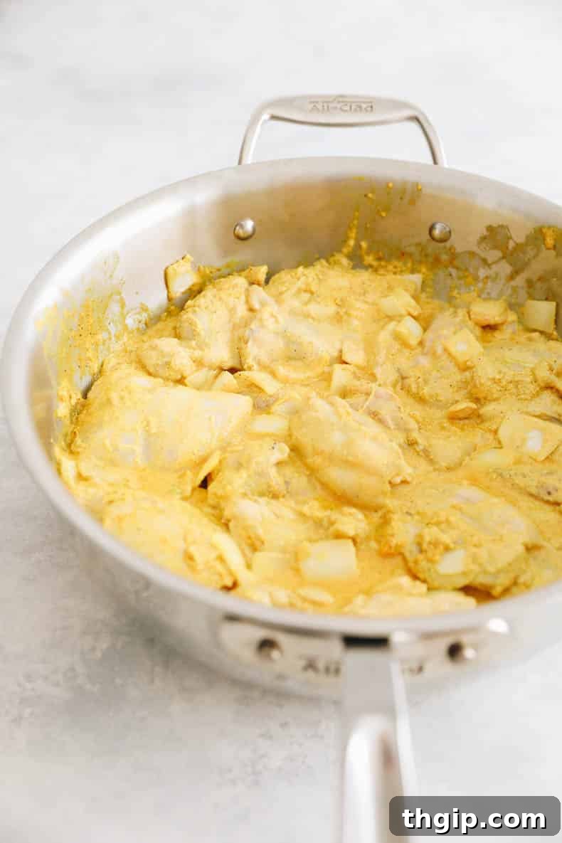 Single-Pot Tandoori Feast 4 Searing marinated chicken thighs in a Dutch oven until beautifully browned on both sides.