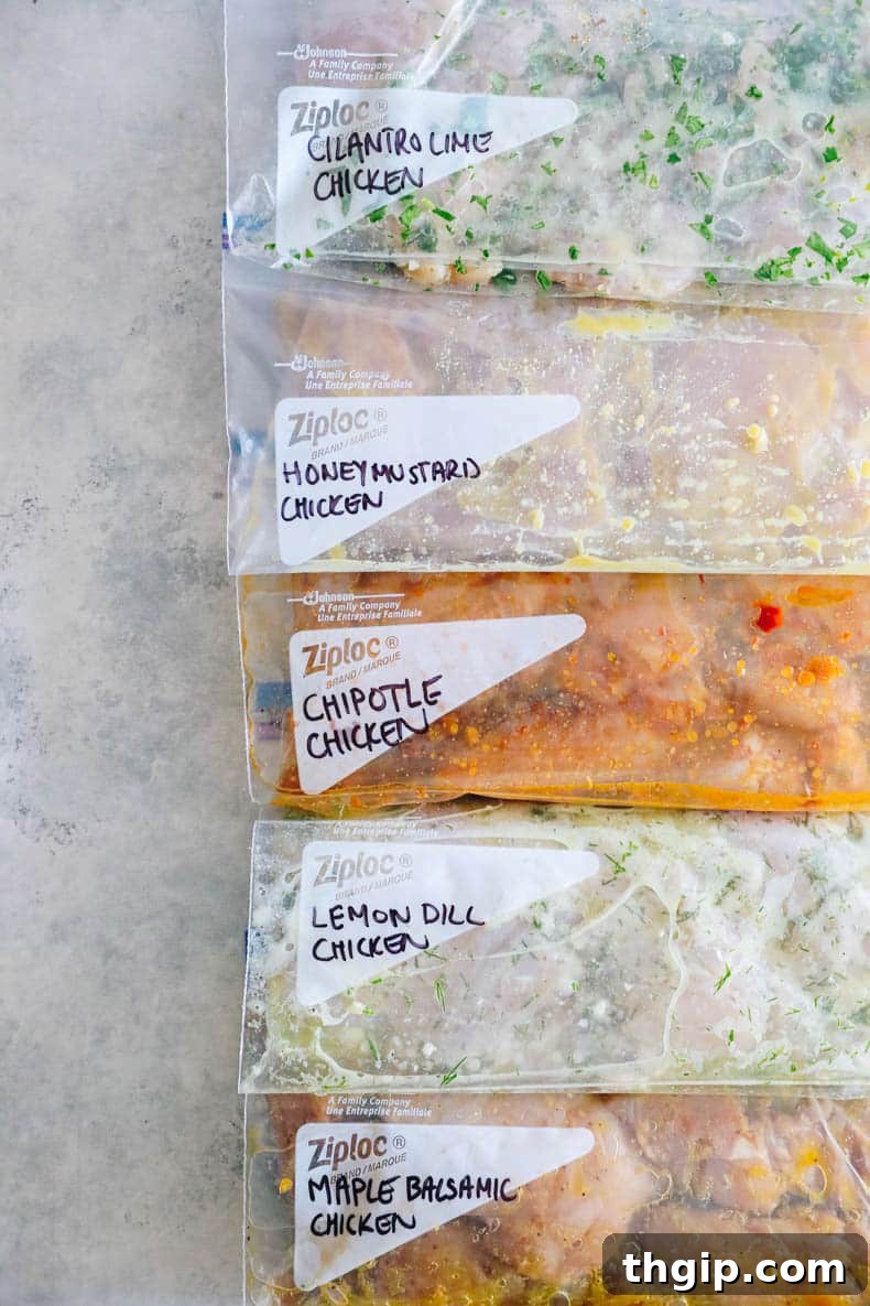 5 Flavor-Packed Chicken Thigh Marinades 3 5 different chicken thigh marinade recipes marinating in ziploc bags for meal prep.