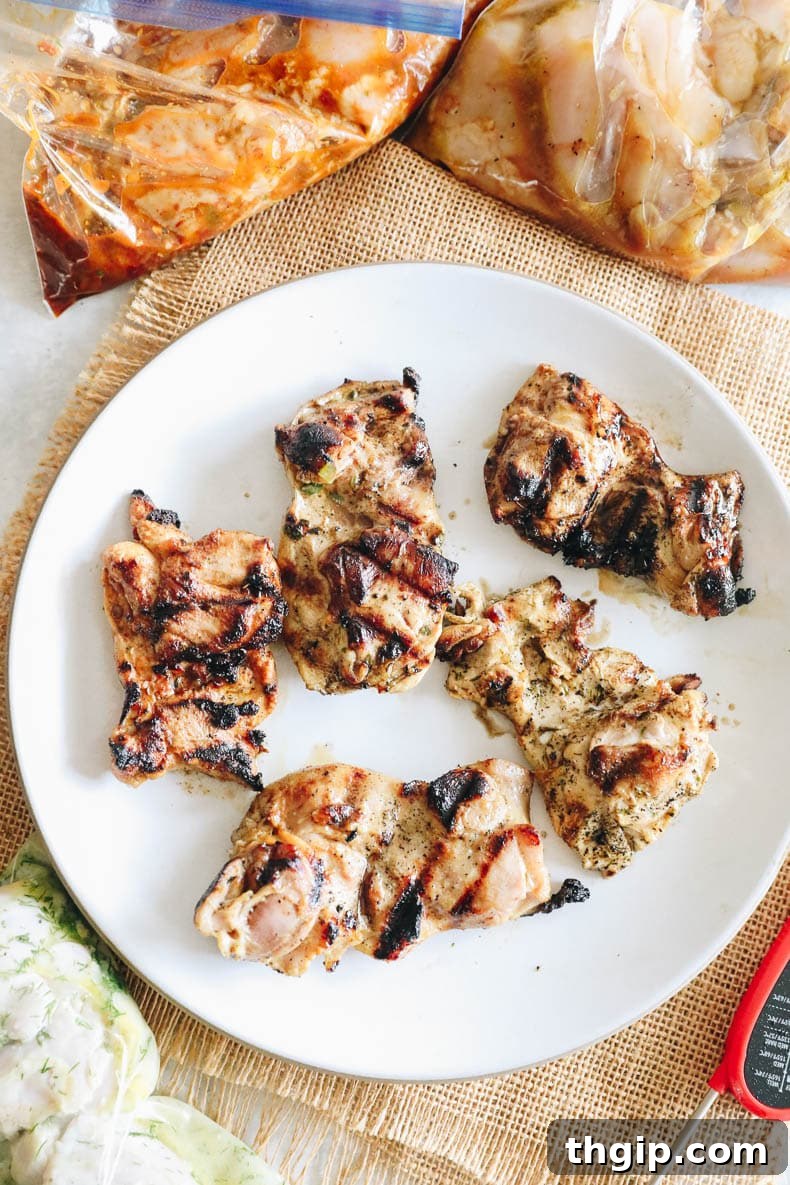 5 Flavor-Packed Chicken Thigh Marinades 6 grilled chicken thighs on a plate with fresh herbs