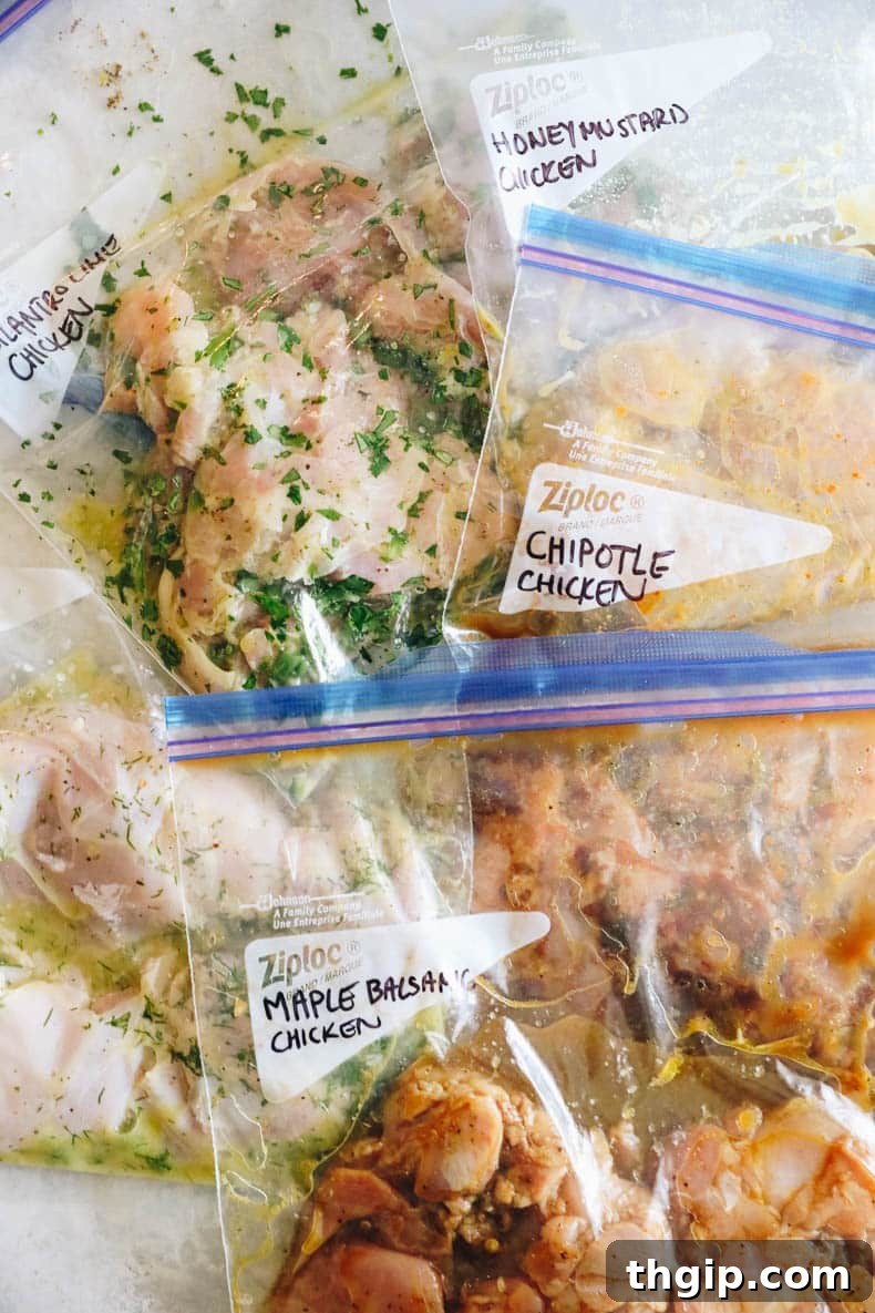 5 Flavor-Packed Chicken Thigh Marinades 8 overhead of 5 ziploc bags with different chicken thigh marinade recipes in each, ready for freezing.