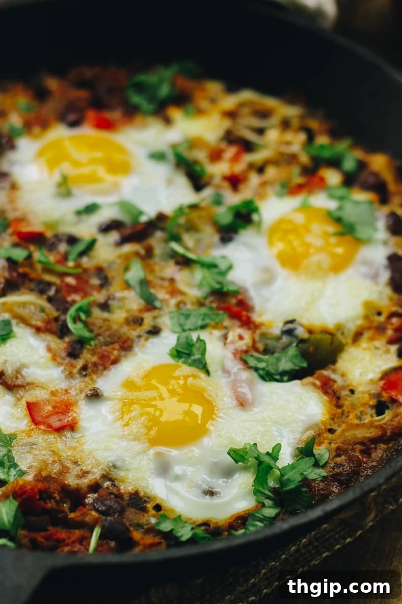 Fiery Baked Shakshuka 3 Close-up shot of Baked Chili Shakshuka with four perfectly baked eggs, topped with melted cheese and fresh parsley, in a black cast iron skillet.