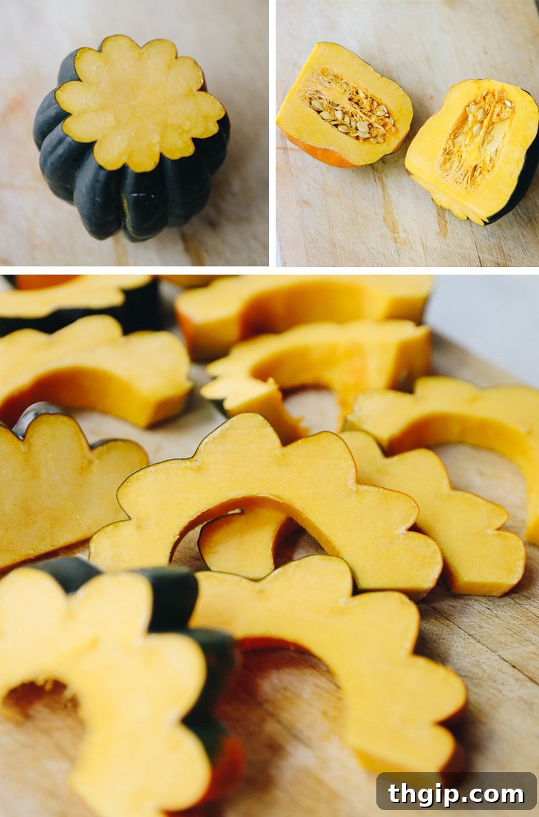 A visual step-by-step guide demonstrating how to chop an acorn squash into even slices, with seeds removed, ready for roasting.