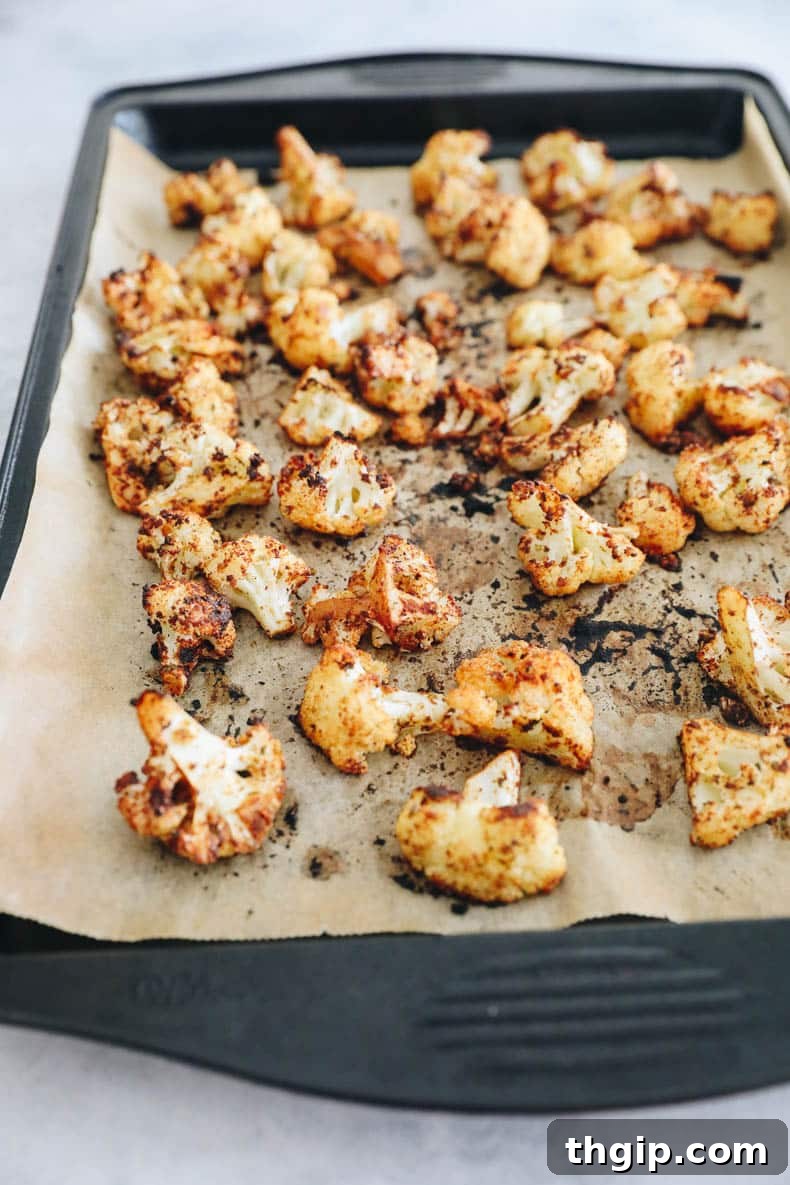 Loaded Crispy Cauliflower Tacos 4 roasted cauliflower on a sheet pan