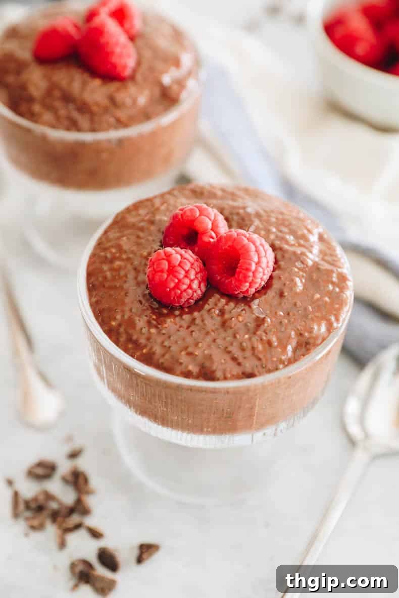 Creamy chocolate chia seed pudding in a glass cup, beautifully topped with fresh, vibrant raspberries, ready to be enjoyed.