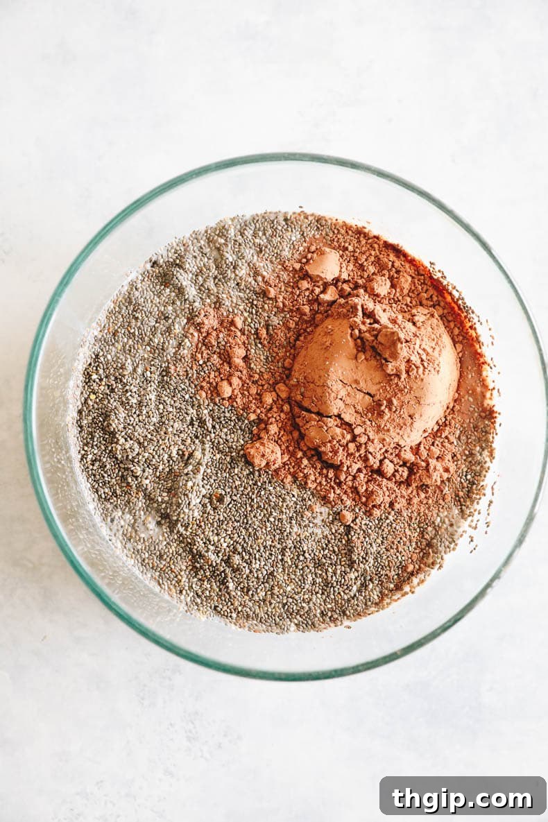 All the chocolate chia seed pudding ingredients are laid out in a bowl, ready to be mixed together.