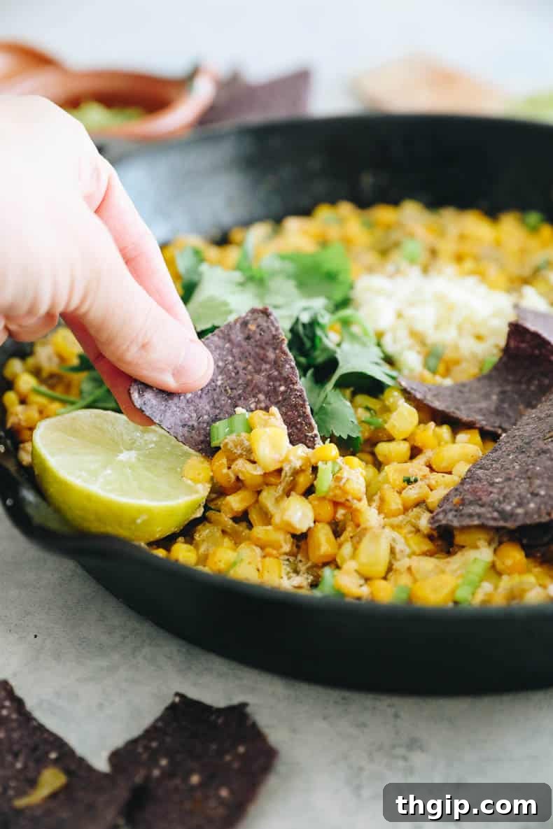 Creamy Elote Dip 4 Hand dipping a blue corn chip into a bowl of freshly prepared Mexican Street Corn Dip, garnished with cilantro.