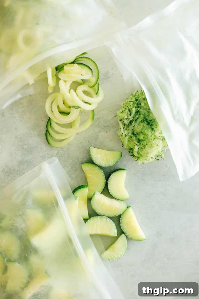 Maximize Your Zucchini Harvest: Freezing Made Easy 2 Three ways to freeze zucchini: neatly chopped pieces, finely shredded zucchini, and elegant zucchini noodles, ready for long-term storage.