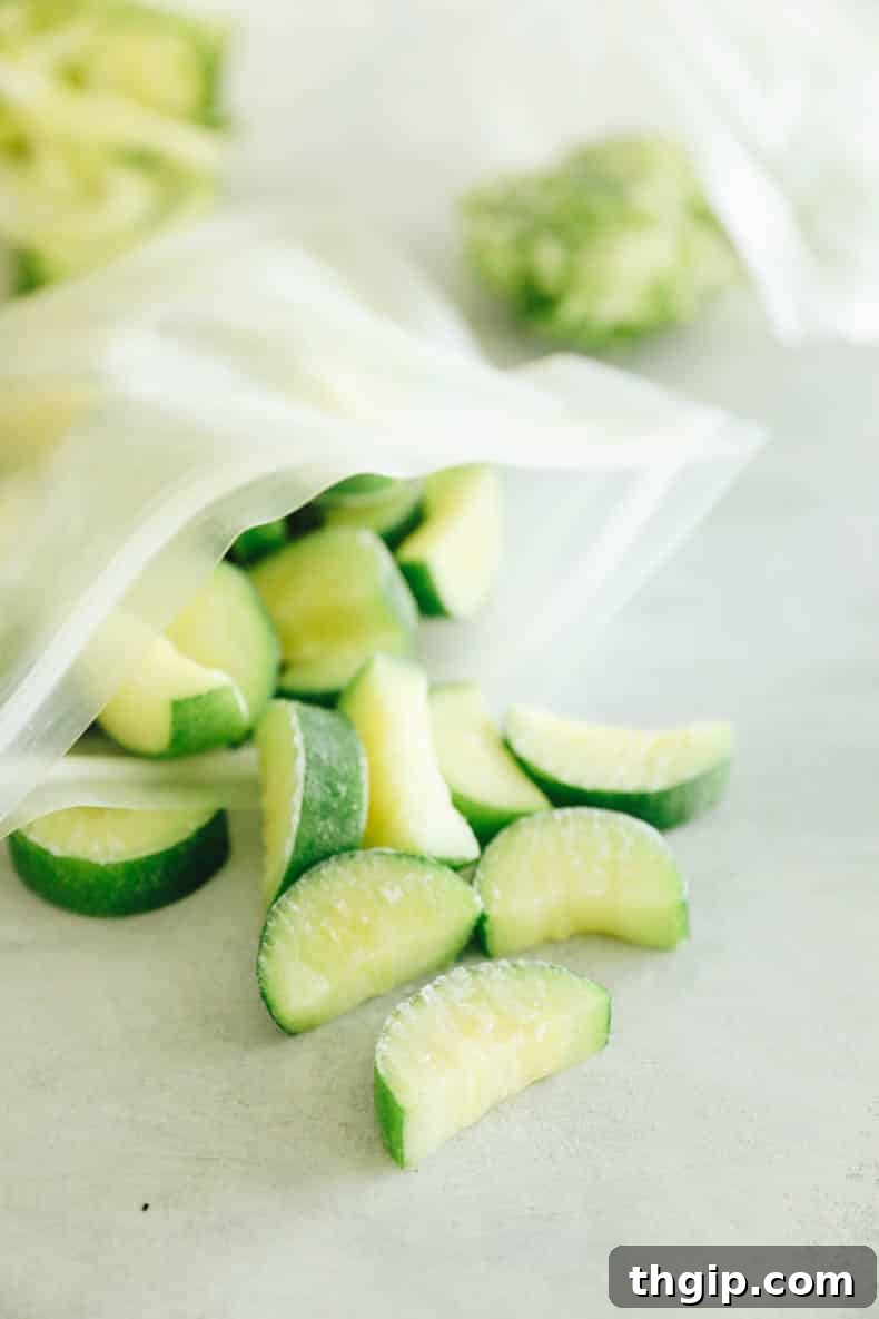 Maximize Your Zucchini Harvest: Freezing Made Easy 7 A reusable freezer bag filled with perfectly frozen, blanched zucchini pieces, flattened for efficient storage.