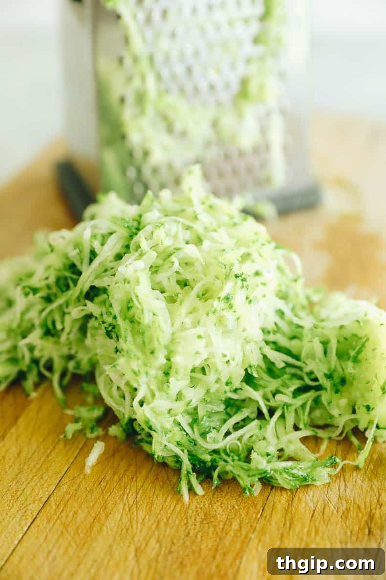 Maximize Your Zucchini Harvest: Freezing Made Easy 8 A box grater filled with freshly shredded zucchini, demonstrating the first step in preparing grated zucchini for freezing.
