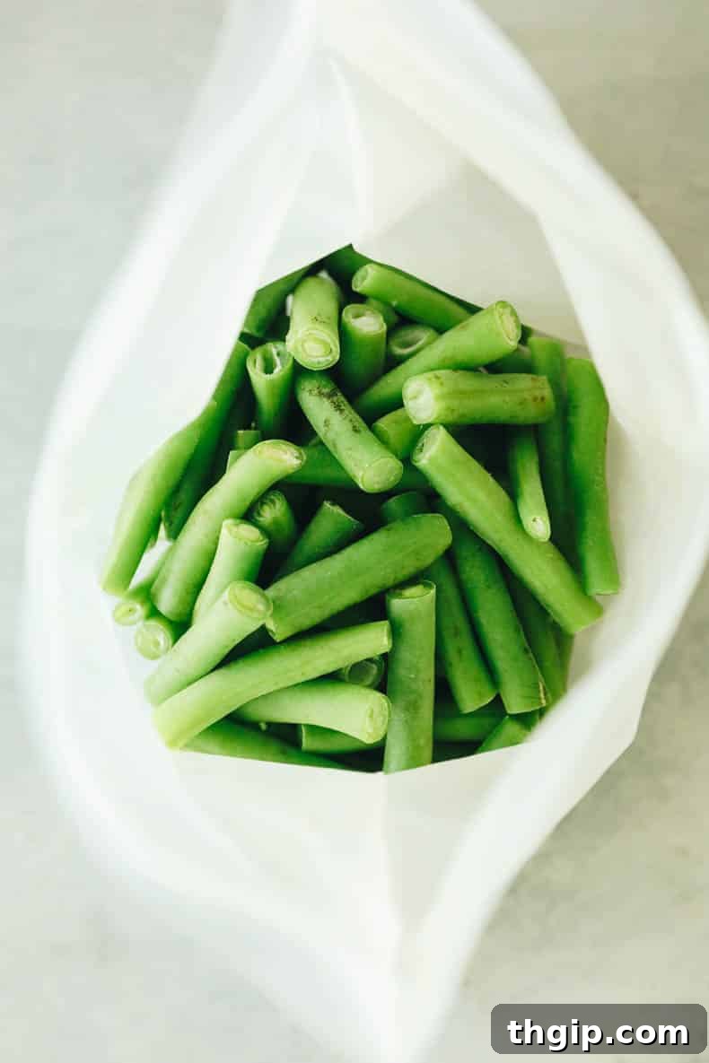 Frozen green beans neatly packed in a clear freezer bag, ready for storage, showcasing perfect preservation.