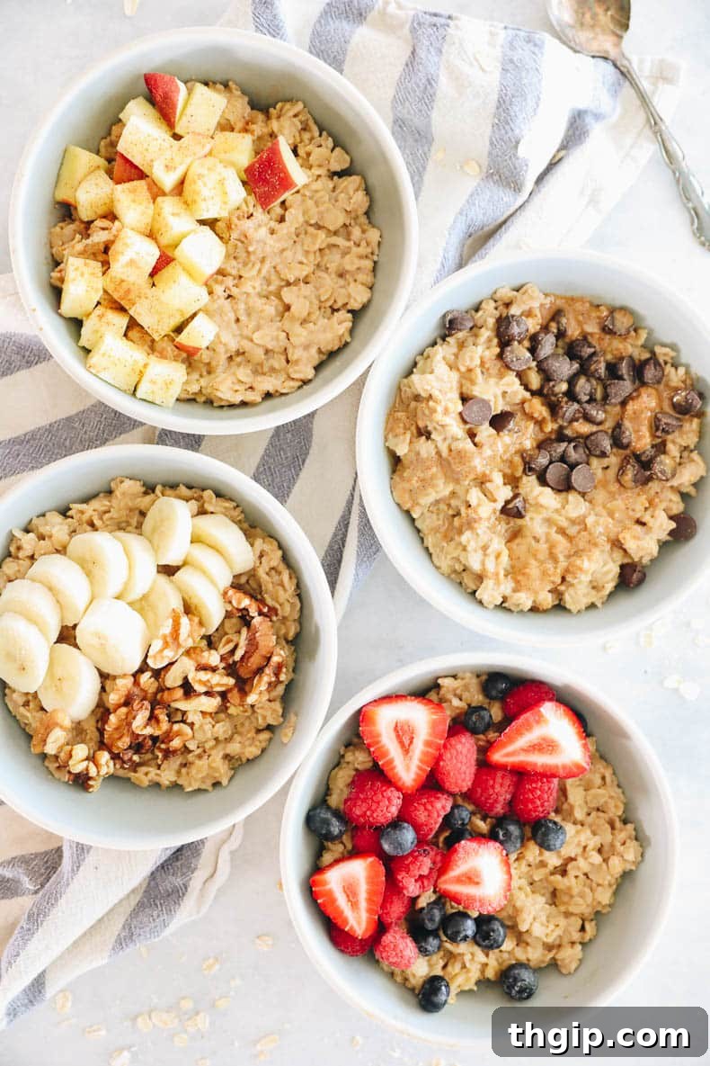 Mastering Your Morning Oats 2 Four beautifully garnished bowls of oatmeal, each featuring distinct toppings: one with crisp apple slices and warm cinnamon, another a decadent chocolate peanut butter swirl, a third with fresh banana and crunchy walnuts, and the last bursting with vibrant mixed berries.