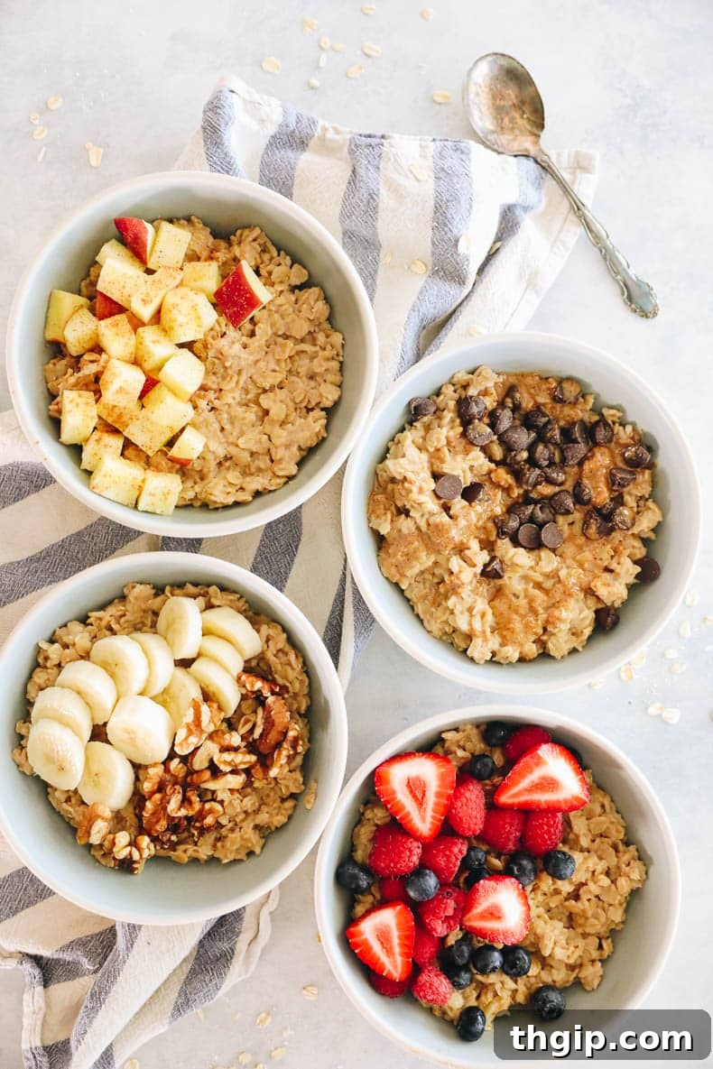 Mastering Your Morning Oats 13 A visually appealing tutorial collage showcasing four different ways to prepare and top oatmeal, highlighting its versatility and ease of customization.