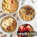 Four bowls of oatmeal each topped with different toppings, showcasing the versatility of this basic recipe.