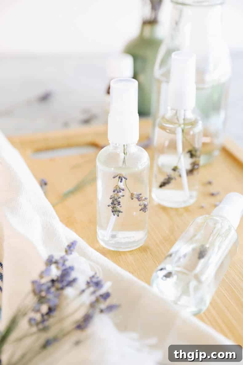 DIY Lavender Bliss Spray 2 Homemade lavender sleep spray in an elegant glass spray bottle, ready to use.