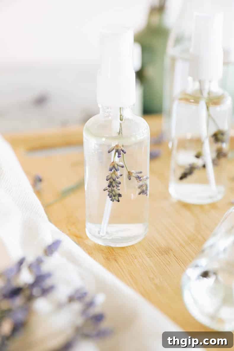 DIY Lavender Bliss Spray 7 Dried lavender sprigs being placed into a clear glass spray bottle, adding visual appeal to the mist.