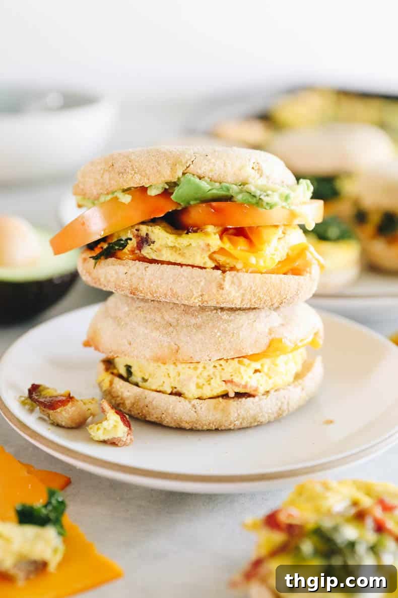 Meal prep breakfast sandwiches stacked on a plate, ready to be enjoyed.