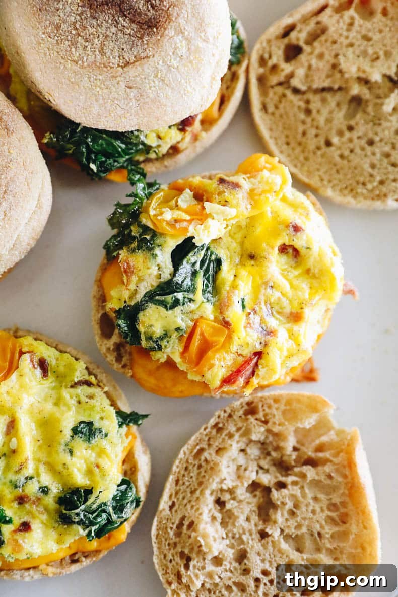Assembling a breakfast sandwich with cheese and egg rounds.
