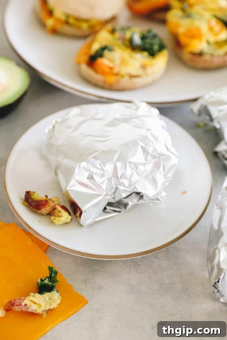 Prepared breakfast sandwich wrapped in foil for freezing.
