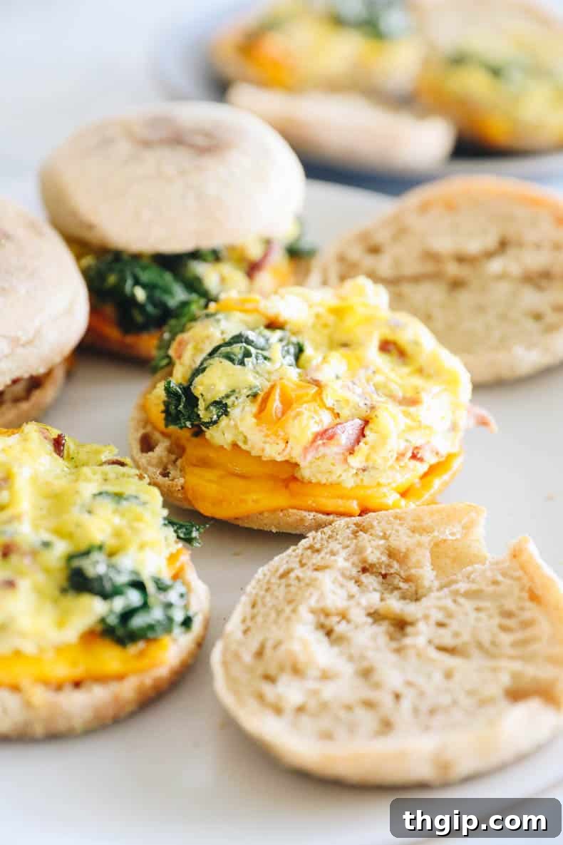 Finished egg mcmuffins on a white plate with fresh toppings.