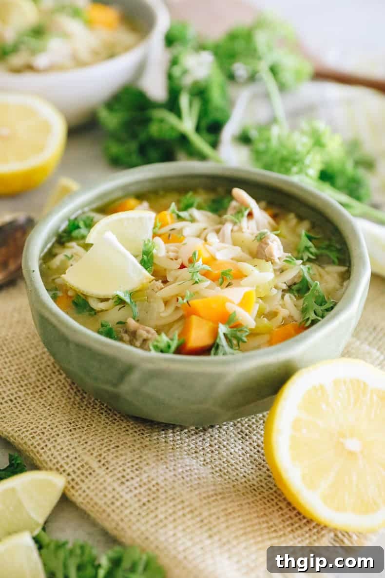 A bowl of Lemon Chicken Orzo Soup with a spoon, ready to be enjoyed.