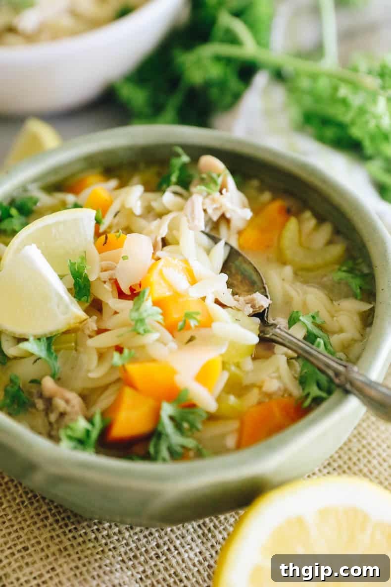 Two bowls of Lemon Chicken Orzo Soup on a rustic wooden surface, with a container of leftovers.