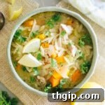 Lemon Chicken Orzo Soup in a green bowl with lemon slices, a perfect comforting meal.