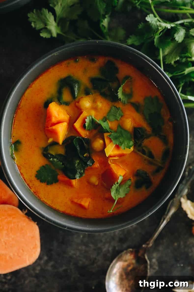 Close-up of the delicious curried sweet potato soup, showing the creamy texture and colorful ingredients.