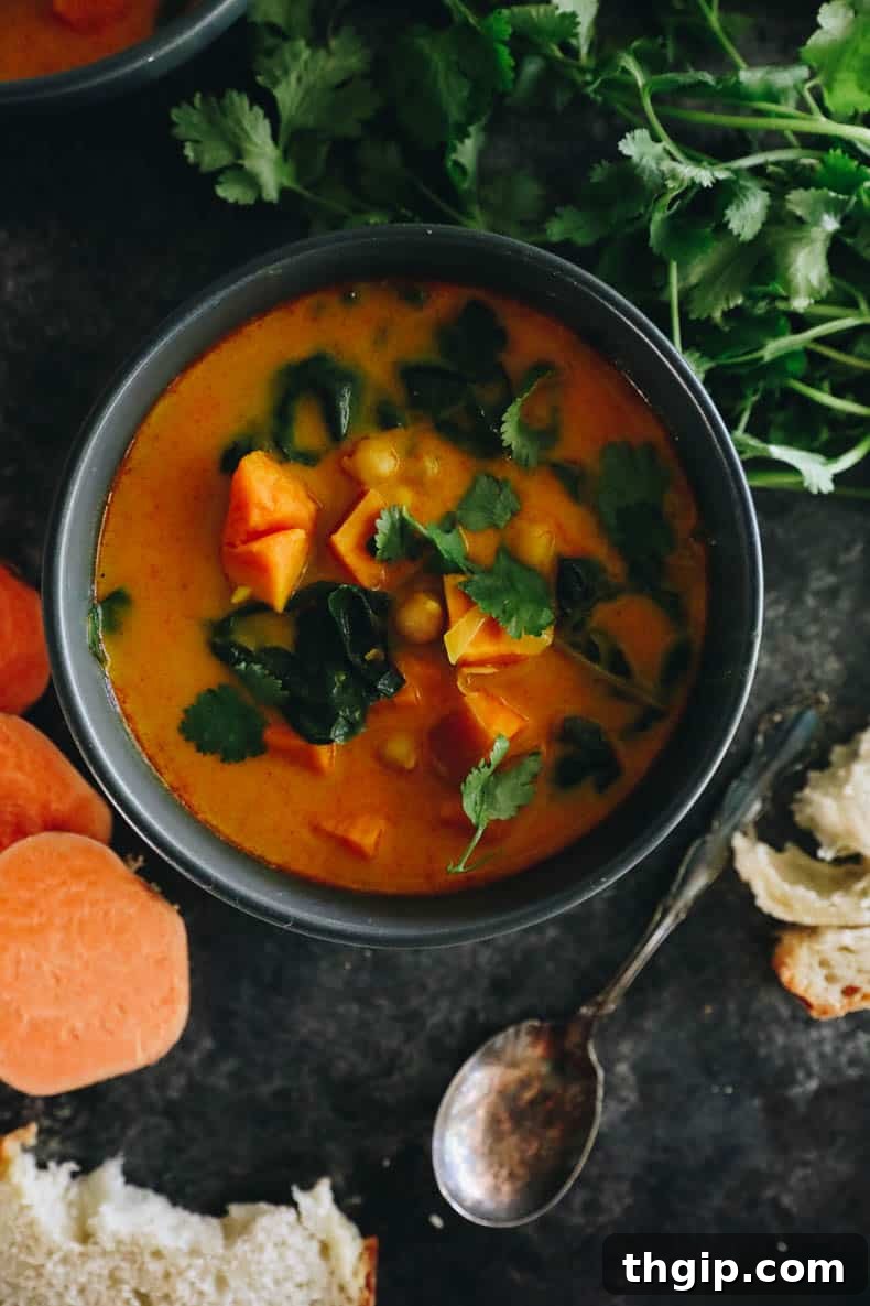 A beautifully presented bowl of creamy curried sweet potato soup, ready to be served as a comforting meal.