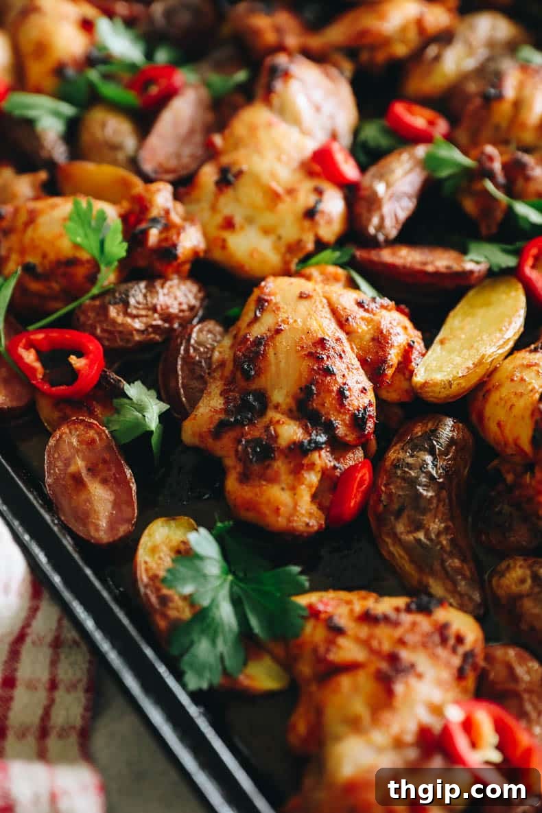 Final dish of sheet pan peri peri chicken with potatoes and fresh parsley garnish.