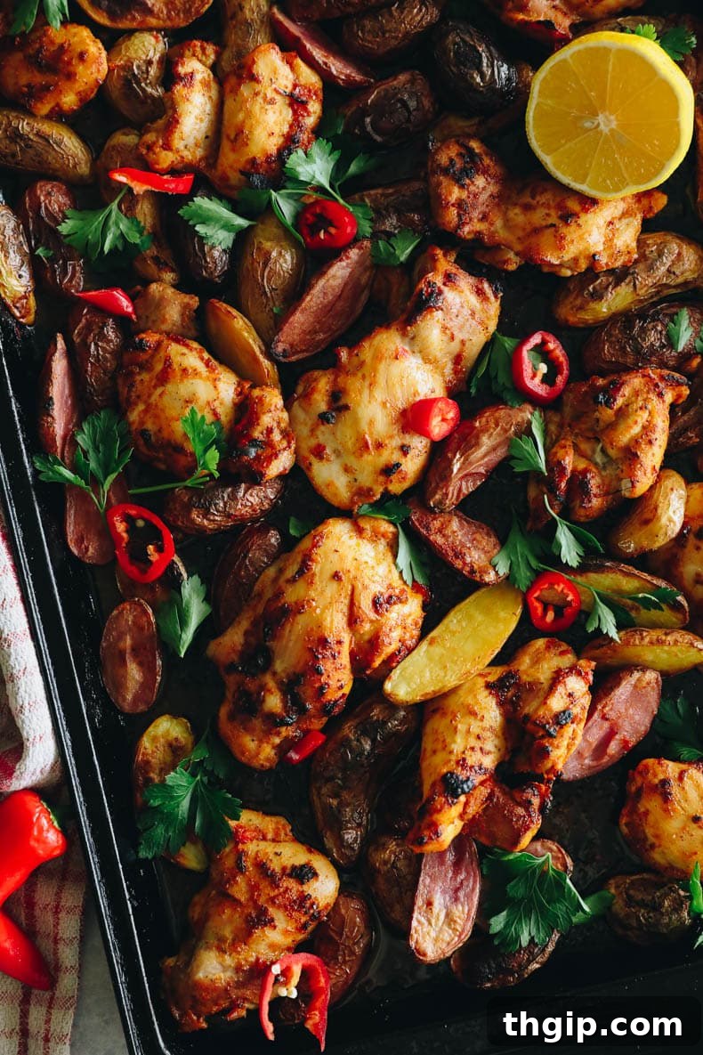 Overhead image of freshly cooked peri peri chicken thighs with roasted potatoes and fresh parsley, ready to serve.